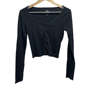 Hollister Womens Y2K  M Black Baby Tee Button Front Fitted Crop Long Sleeve